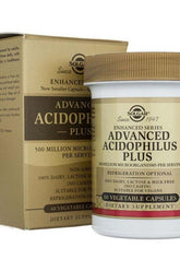 Solgar Advanced Acidophilus Plus 60 capsules, probiotic supplement for healthy digestion and gut flora support.